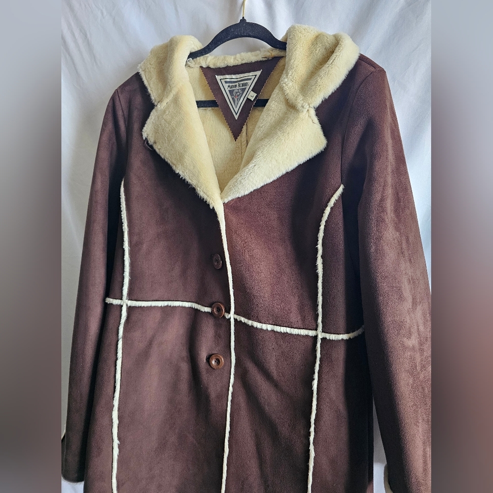 Vintage Marvin Richards Shearling Suede Leather Coat Jacket Hood 90s Large